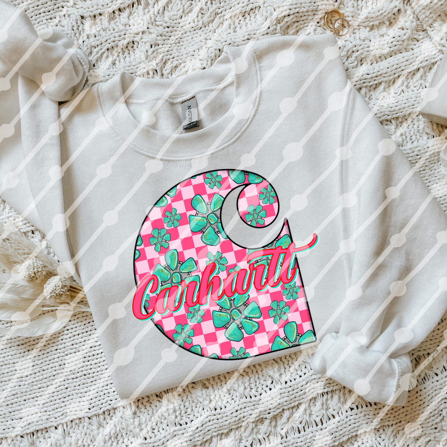 Pink Checkered & Turquoise Car_artt Digital Download